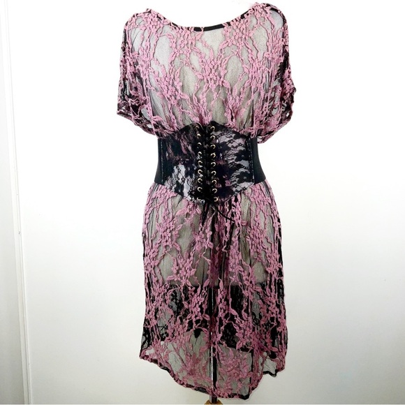 Bar III Pink & Black Summer Floral Lace Swimsuit Coverup Dress | Size L - Picture 4 of 6
